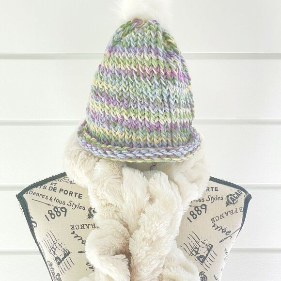 Hand Knit Pom Pom Winter Hat and Girls SO® Faux-Fur Twist Scarf - Picture 2 of 4